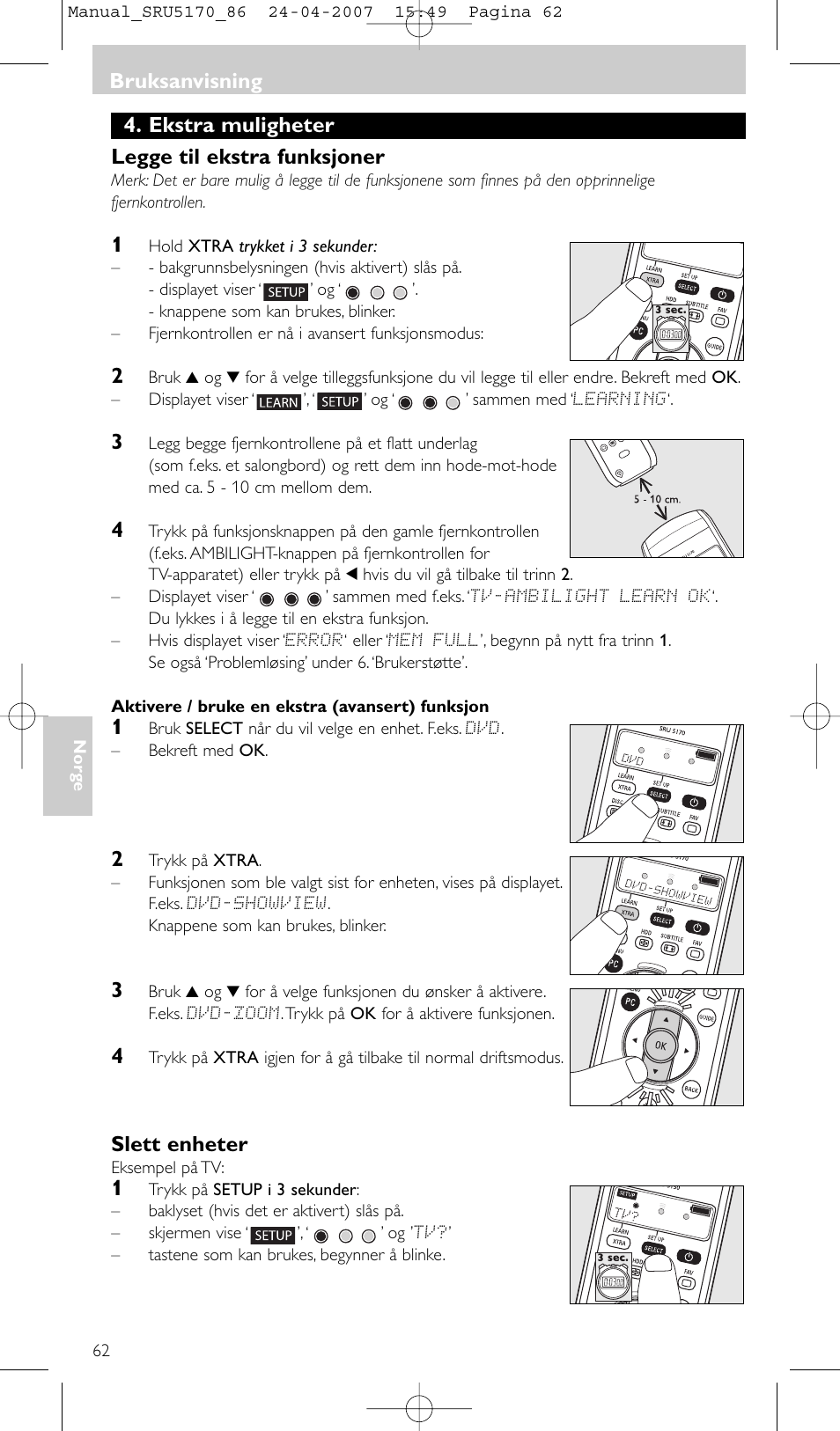 Ekstra muligheter legge til ekstra funksjoner, Slett enheter, Bruksanvisning | Philips Télécommande universelle User Manual | Page 62 / 80