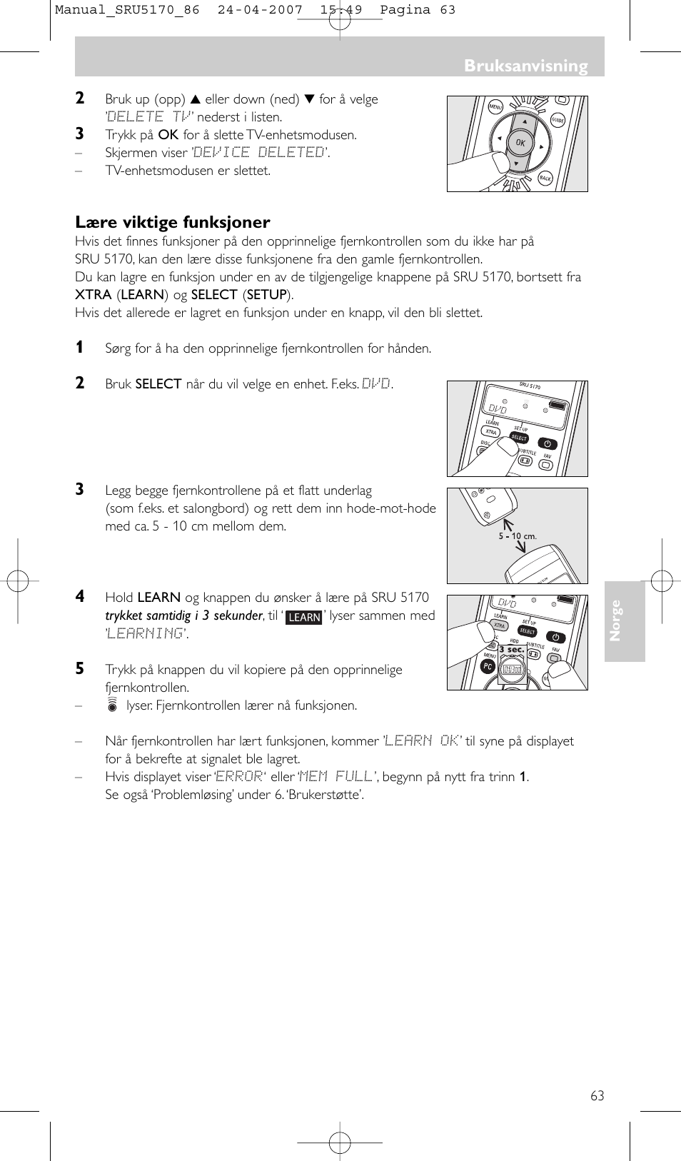 Lære viktige funksjoner, Bruksanvisning | Philips Télécommande universelle User Manual | Page 63 / 80