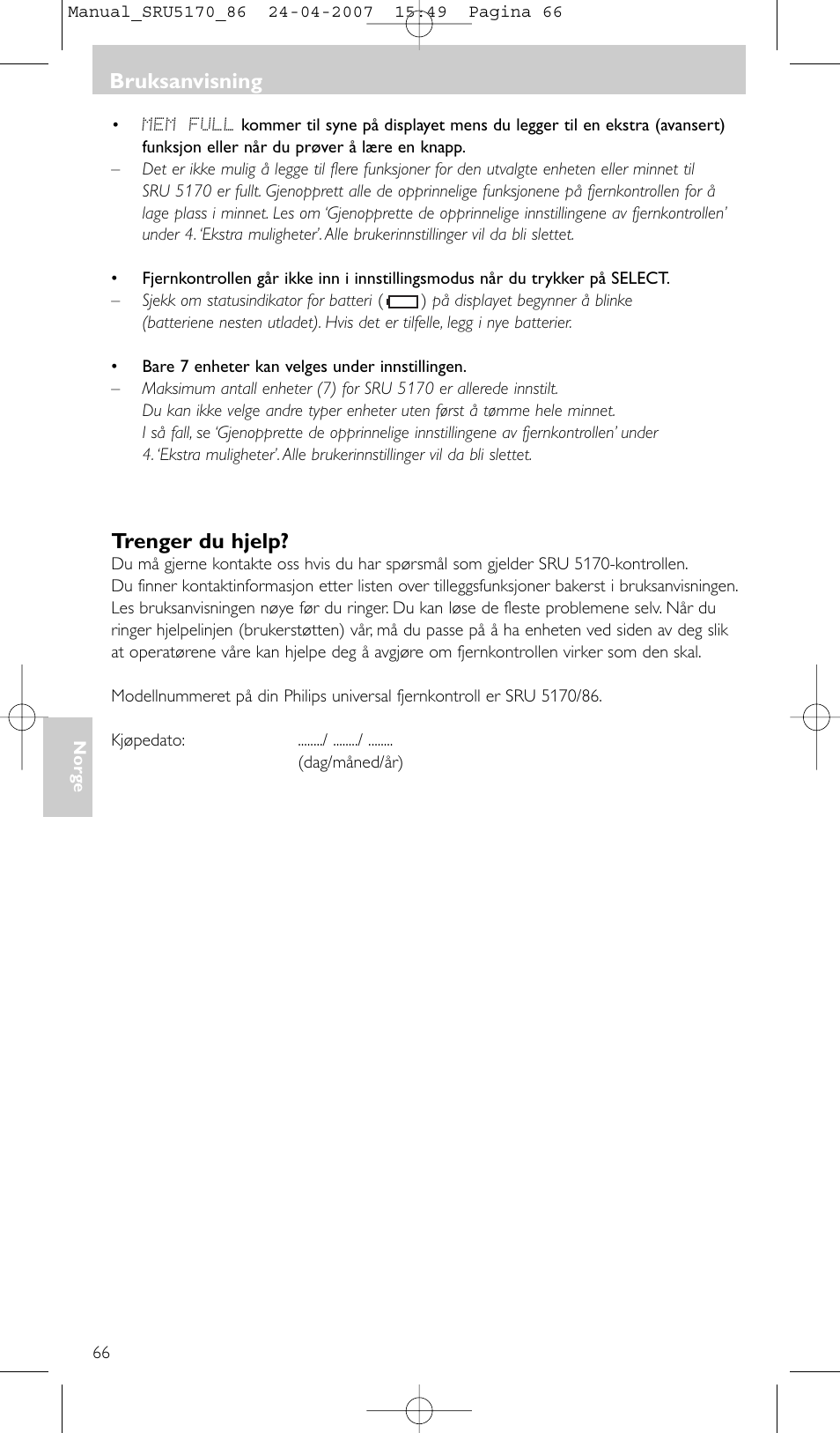 Trenger du hjelp, Bruksanvisning | Philips Télécommande universelle User Manual | Page 66 / 80