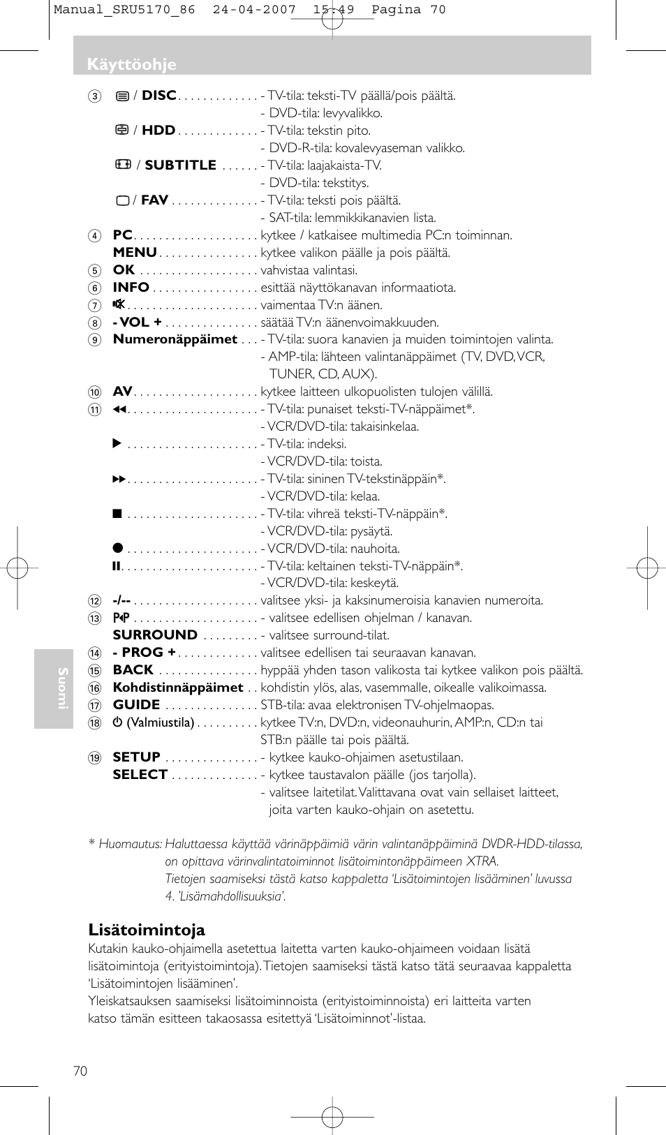 Lisätoimintoja, Käyttöohje | Philips Télécommande universelle User Manual | Page 70 / 80