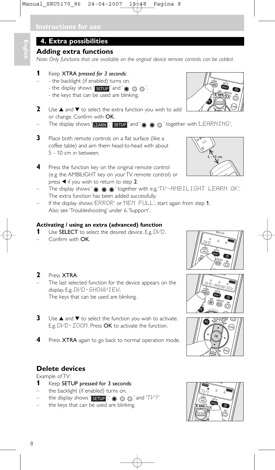 Extra possibilities adding extra functions, Delete devices, Instructions for use | Philips Télécommande universelle User Manual | Page 8 / 80