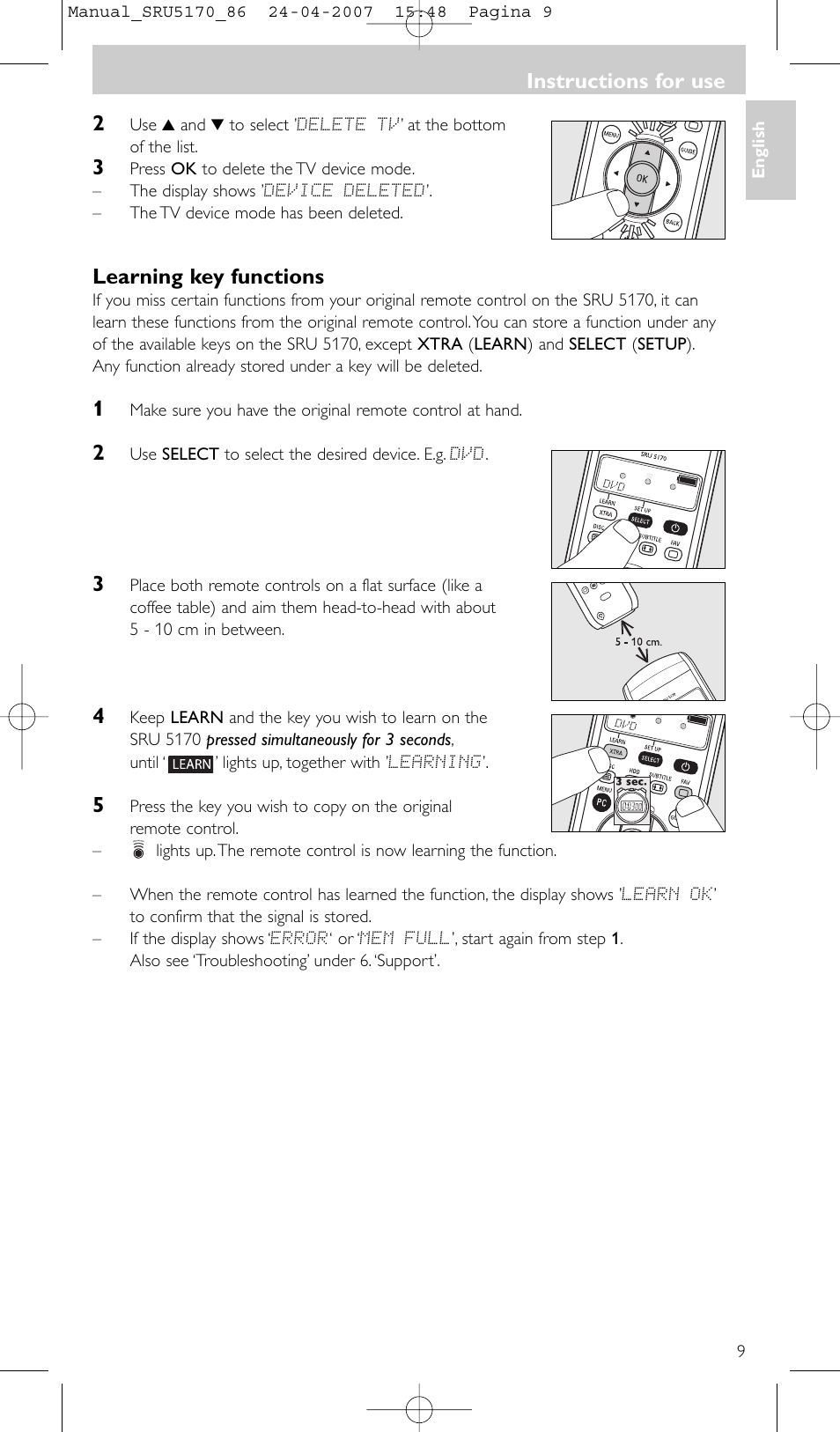 Learning key functions, Instructions for use | Philips Télécommande universelle User Manual | Page 9 / 80