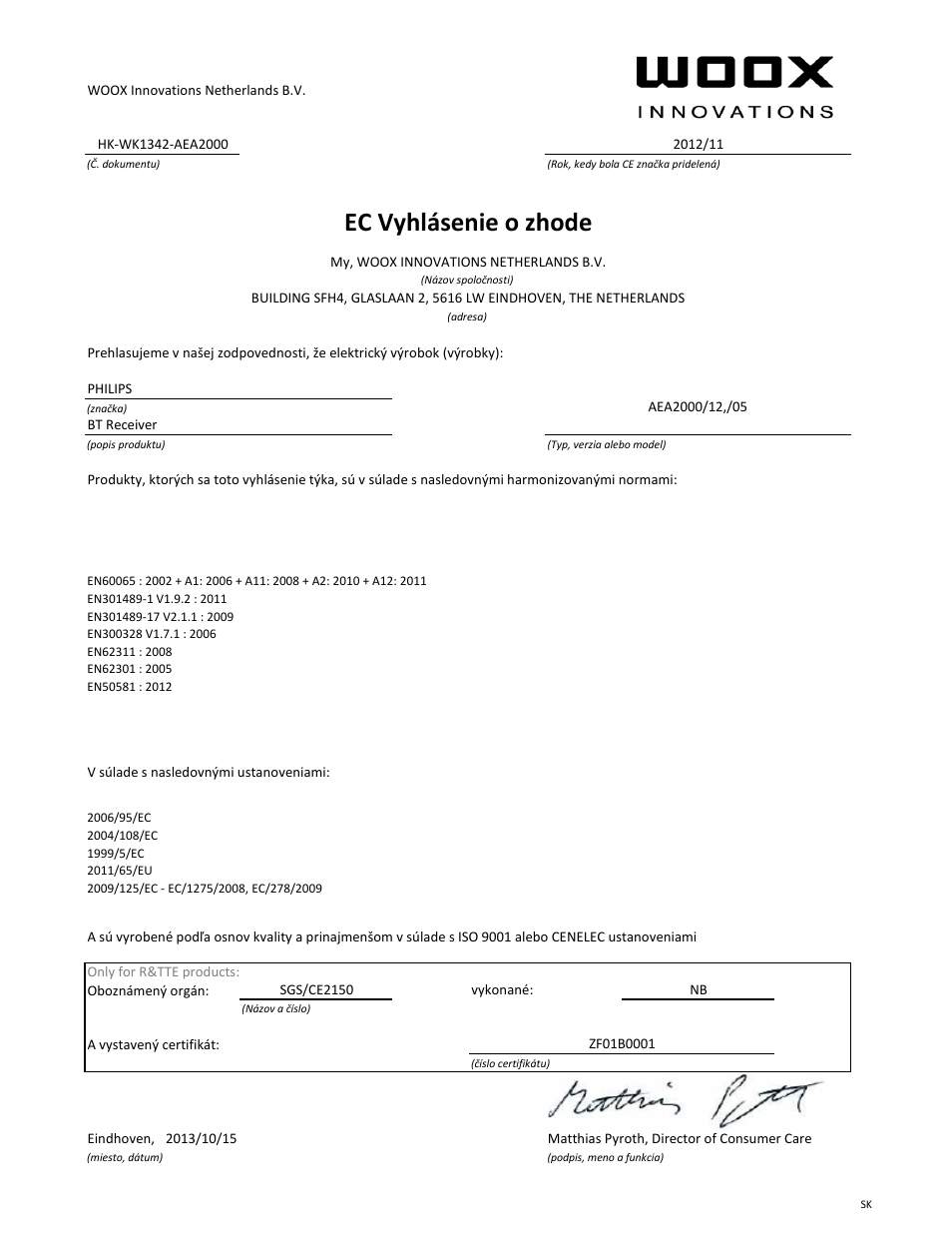 Ec vyhlásenie o zhode | Philips Adaptateur Hi-Fi Bluetooth® User Manual | Page 18 / 21