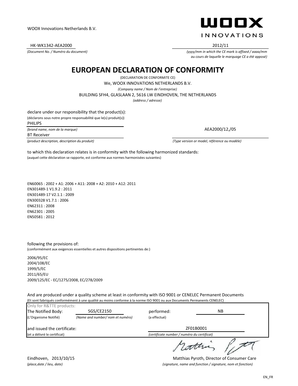 European declaration of conformity | Philips Adaptateur Hi-Fi Bluetooth® User Manual | Page 2 / 21