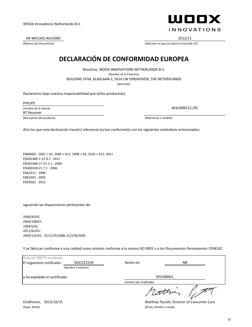 Declaració n de conformidad europea | Philips Adaptateur Hi-Fi Bluetooth® User Manual | Page 7 / 21