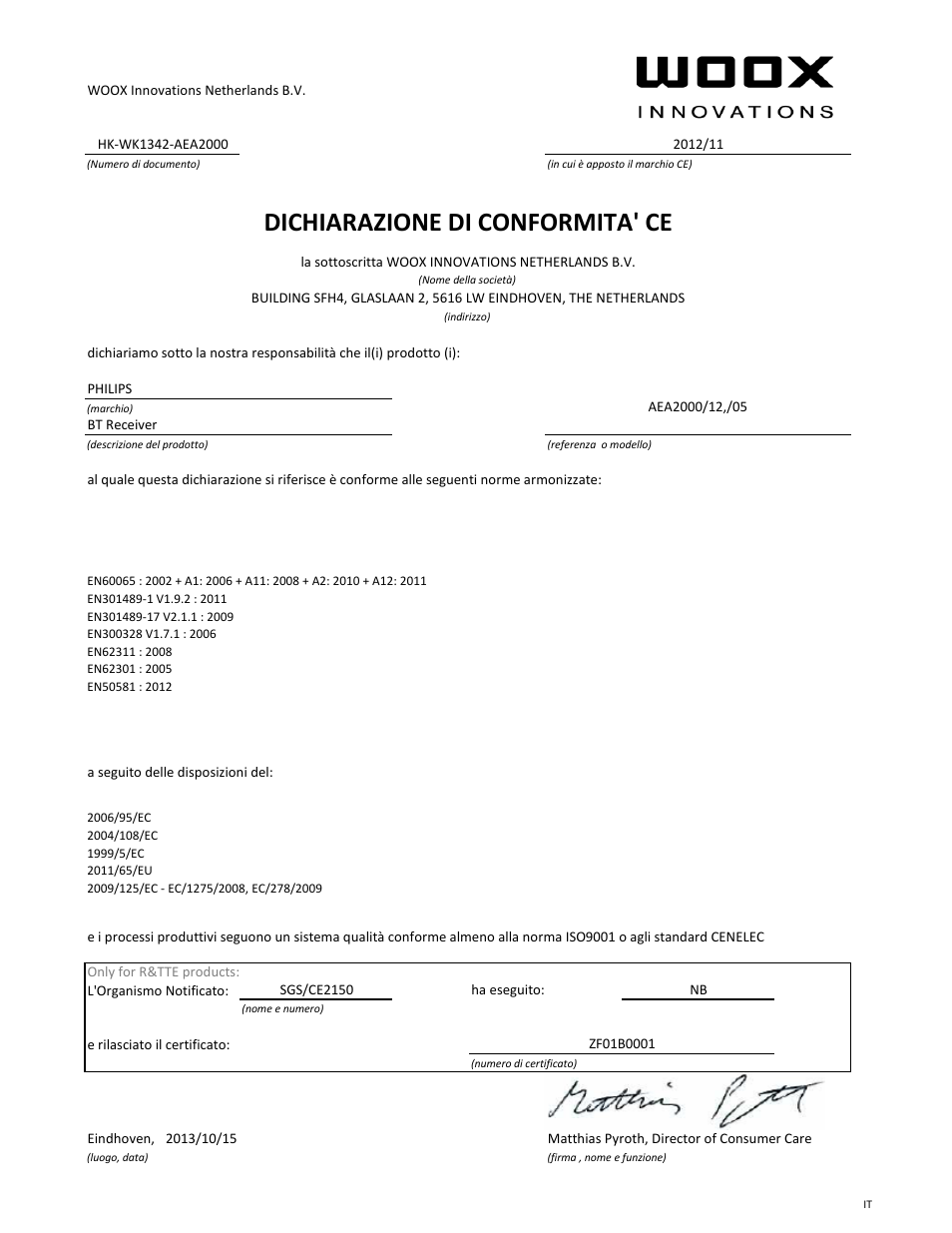 Dichiarazione di conformita' ce | Philips Adaptateur Hi-Fi Bluetooth® User Manual | Page 9 / 21