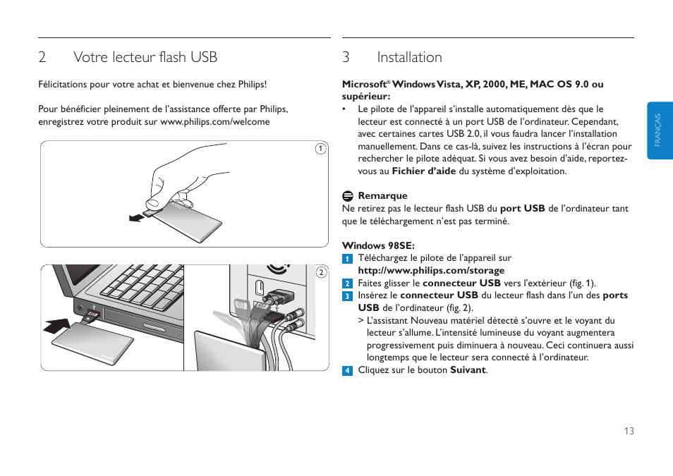 2votre lecteur flash usb, 3installation | Philips Clé USB User Manual | Page 13 / 98