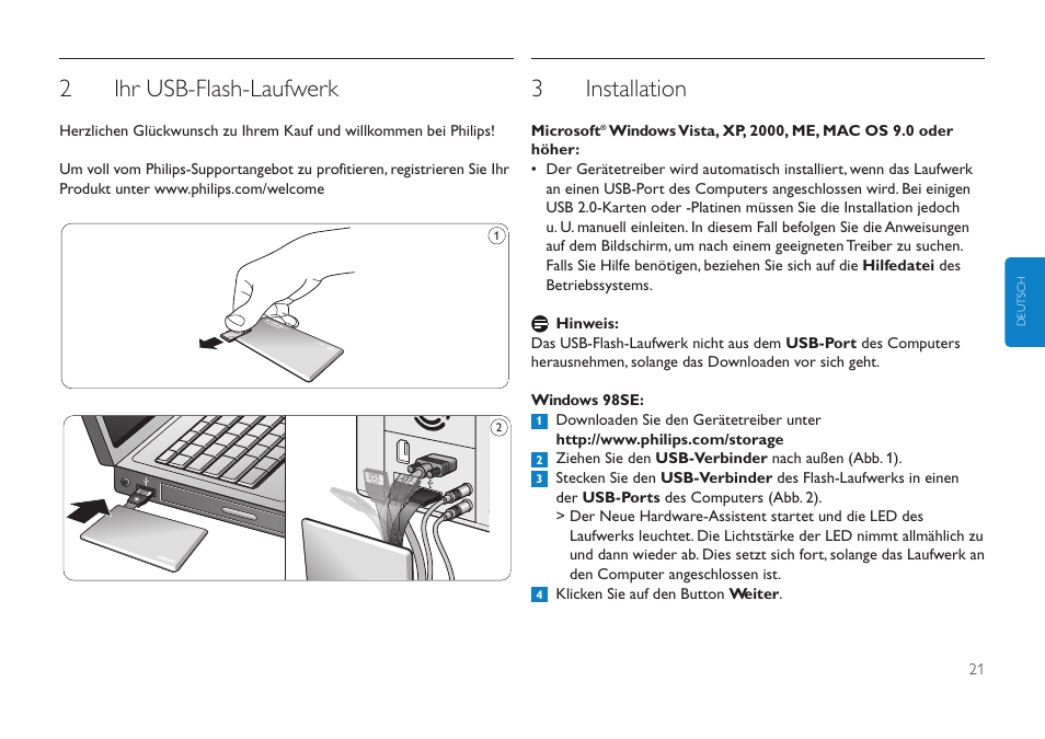 2ihr usb-flash-laufwerk, 3installation | Philips Clé USB User Manual | Page 21 / 98