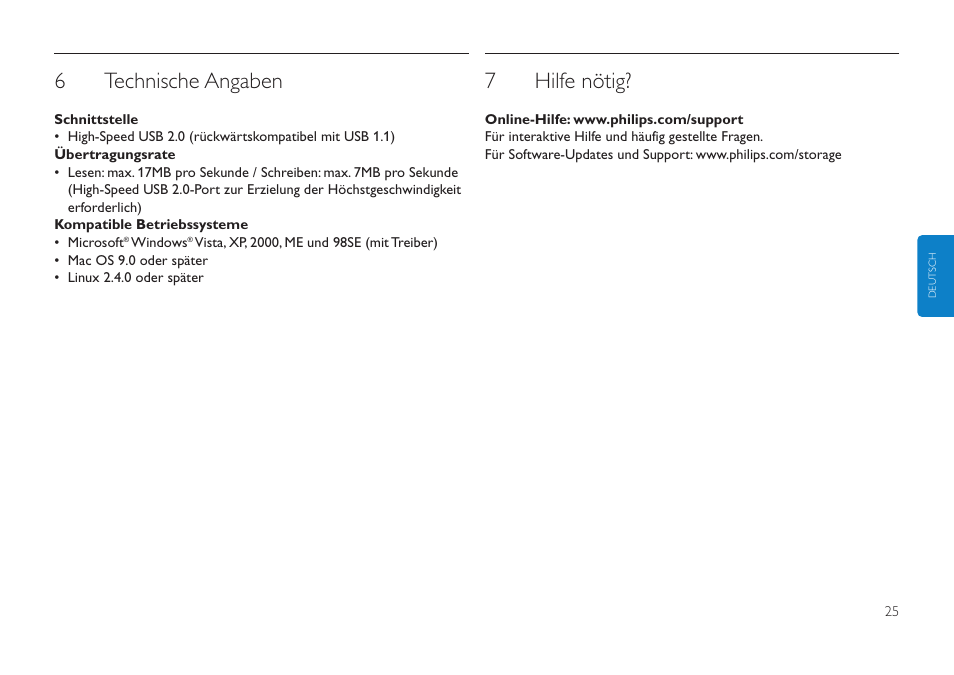 6technische angaben, 7hilfe nötig | Philips Clé USB User Manual | Page 25 / 98