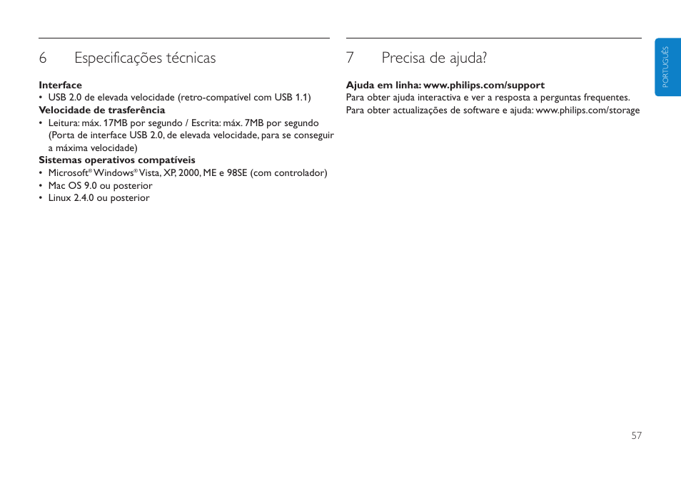 6especificações técnicas, 7precisa de ajuda | Philips Clé USB User Manual | Page 57 / 98