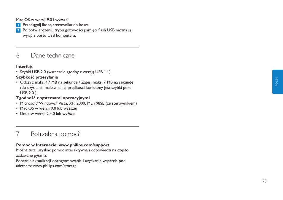 6dane techniczne, 7potrzebna pomoc | Philips Clé USB User Manual | Page 73 / 98