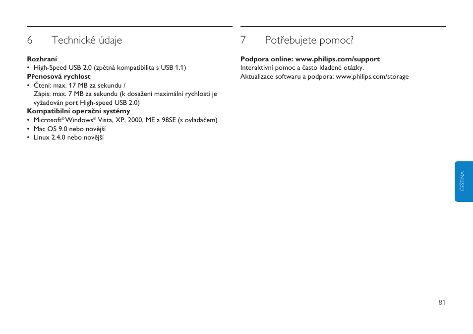 6technické údaje, 7potřebujete pomoc | Philips Clé USB User Manual | Page 81 / 98