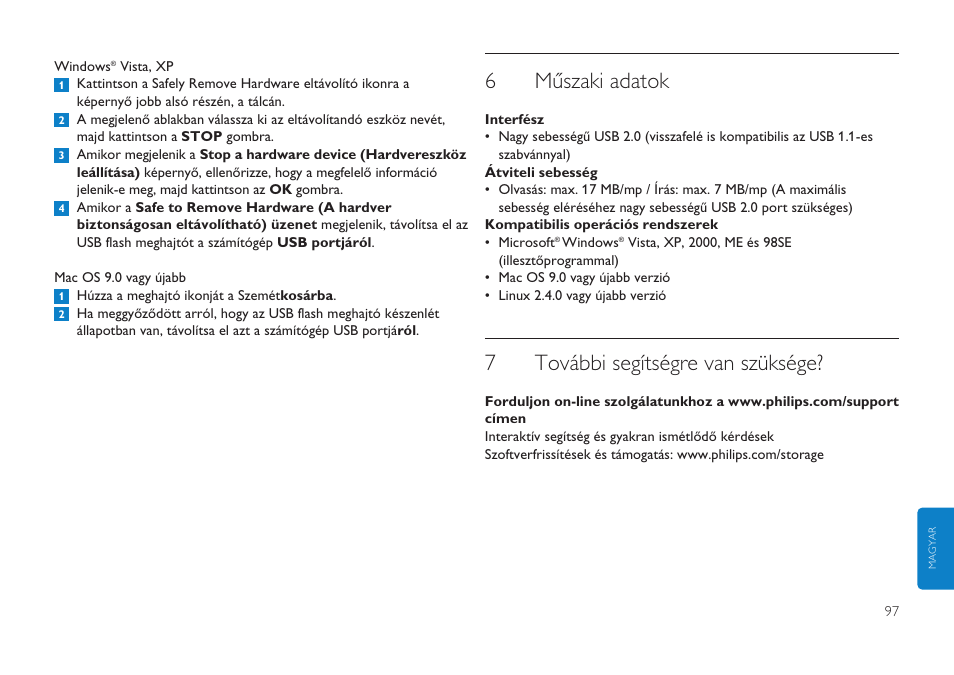 6műszaki adatok, 7további segítségre van szüksége | Philips Clé USB User Manual | Page 97 / 98