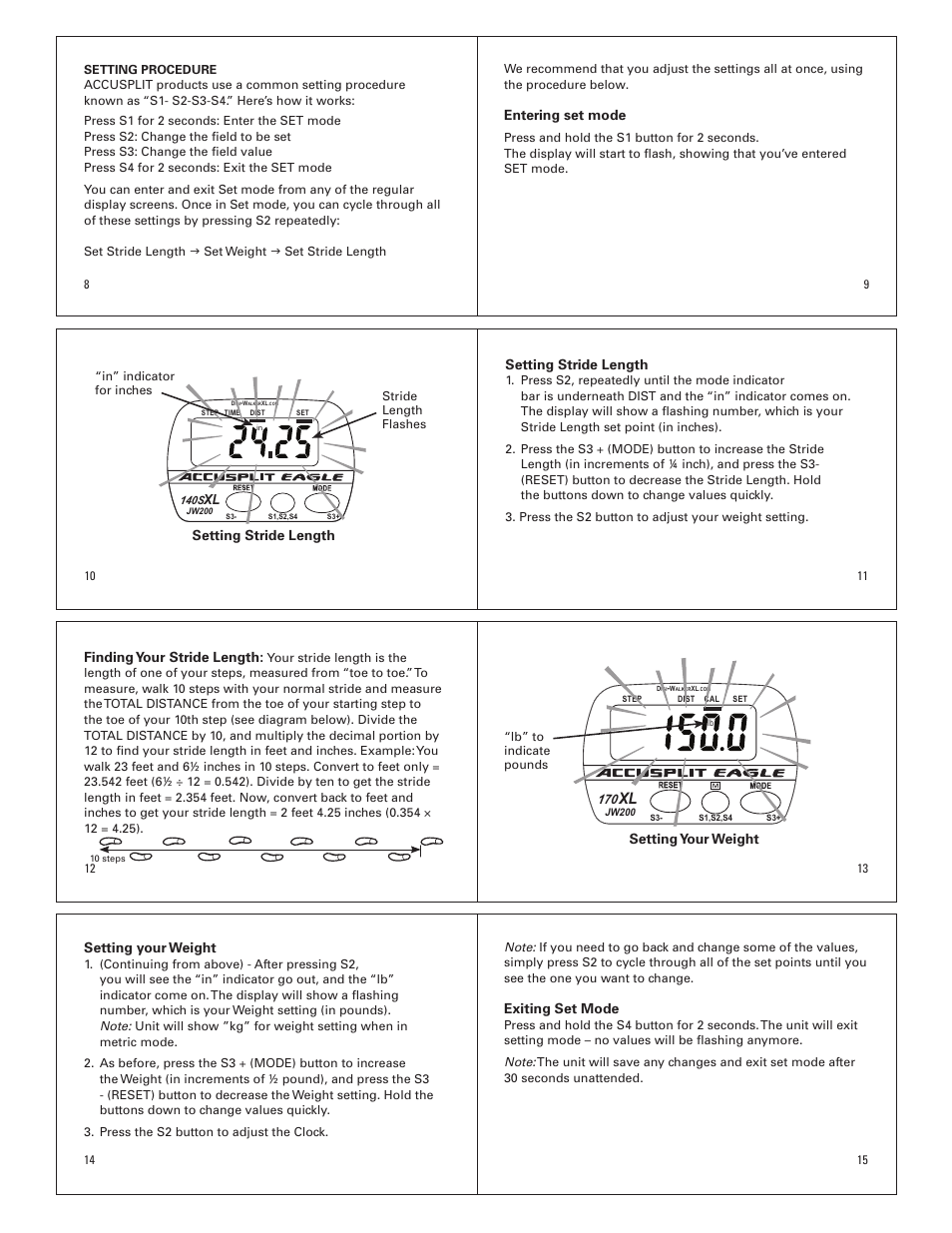 Entering set mode, Setting stride length, Finding your stride length | Setting your weight, Exiting set mode | Accusplit AE170XL User Manual | Page 2 / 4