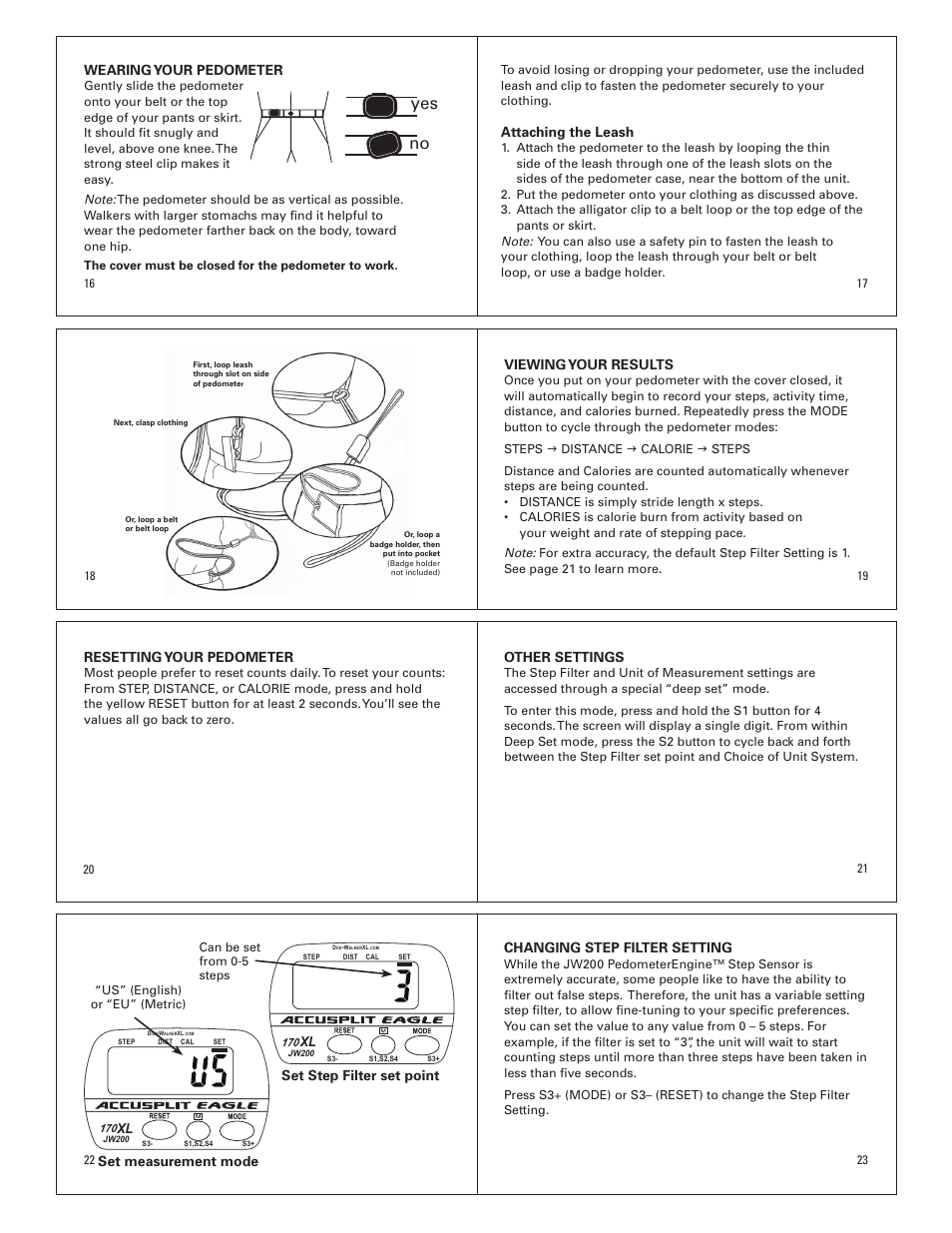 Yes no, Wearing your pedometer, Attaching the leash | Viewing your results, Resetting your pedometer, Other settings, Set step filter set point, Set measurement mode, Changing step filter setting | Accusplit AE170XL User Manual | Page 3 / 4