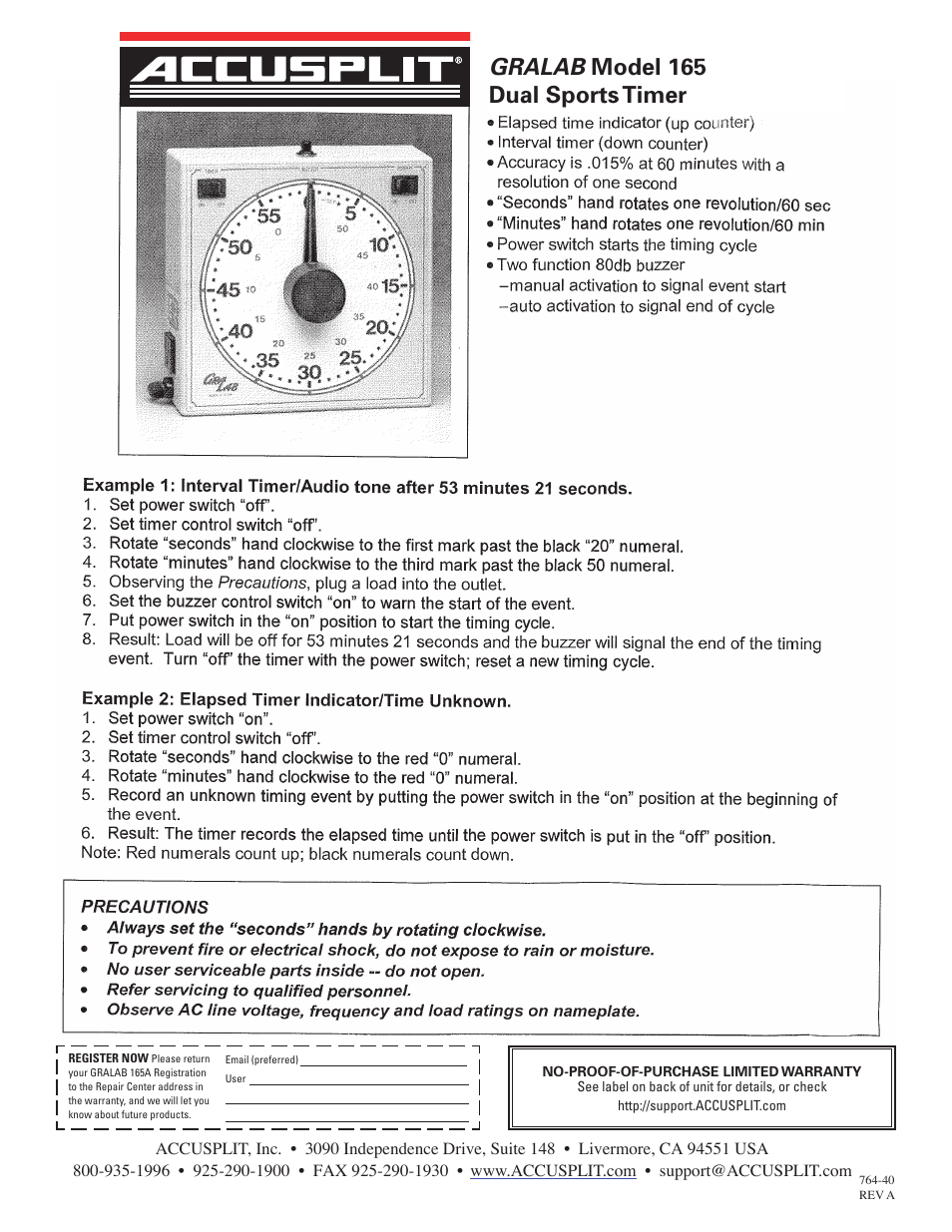 Accusplit GRALAB 165 User Manual | 1 page