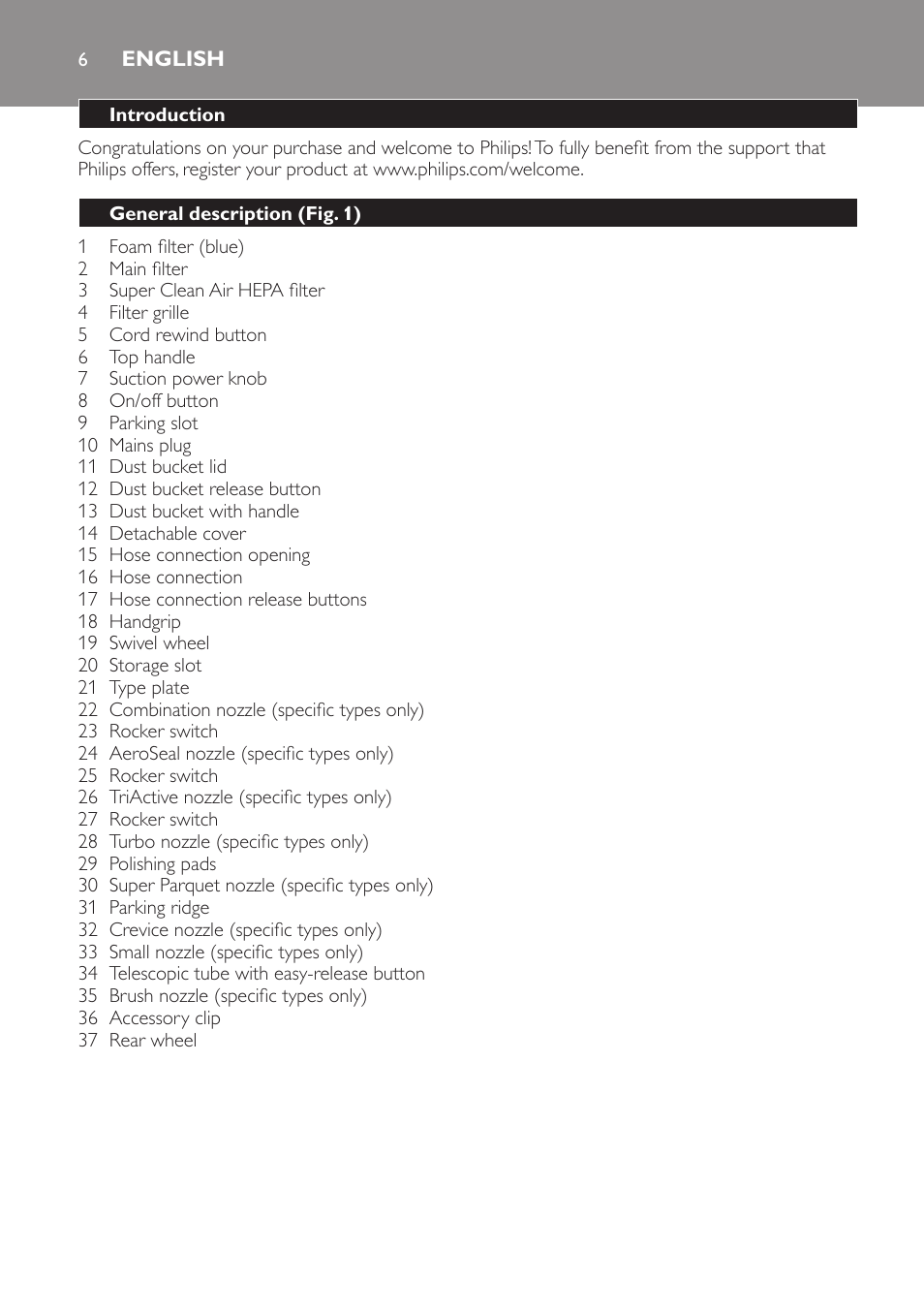 English, English 6 | Philips PowerPro Aspirateur sans sac User Manual | Page 6 / 104