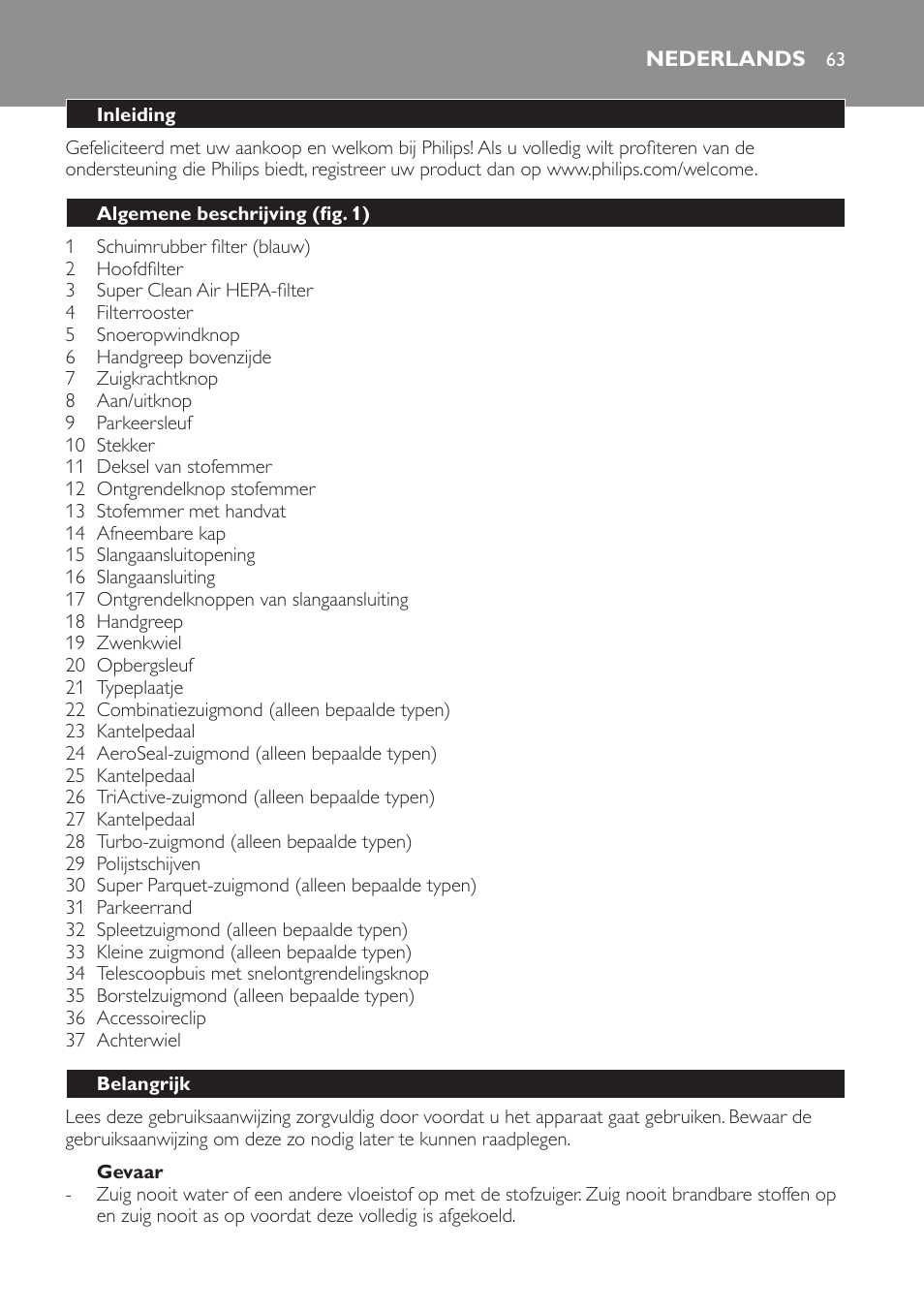 Nederlands, Nederlands 63 | Philips PowerPro Aspirateur sans sac User Manual | Page 63 / 104