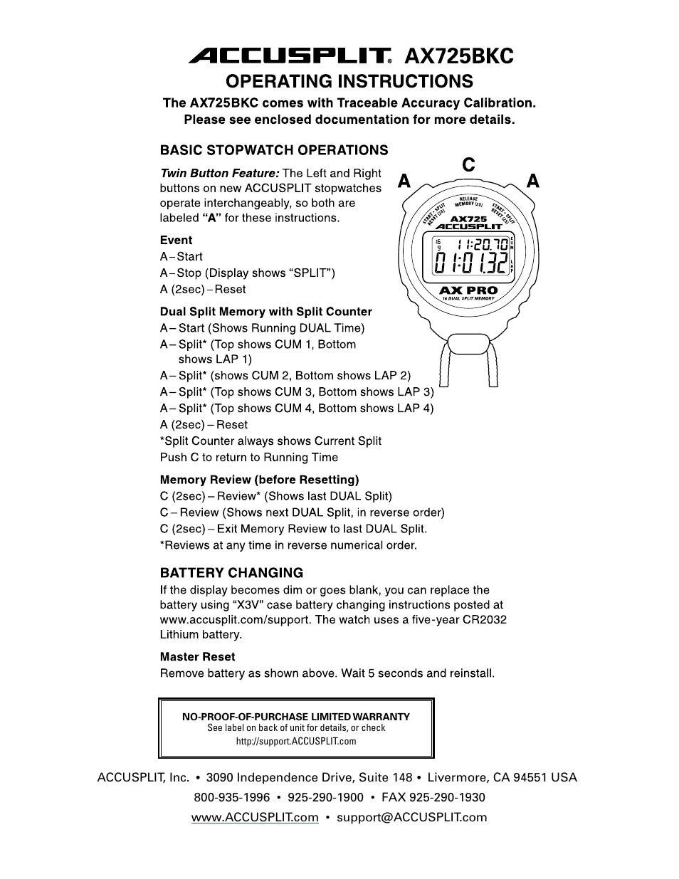 Accusplit AX725BKC User Manual | 1 page