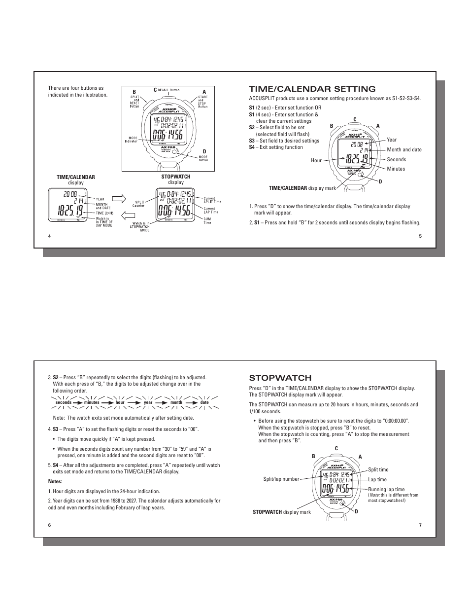 Time/calendar setting, Stopwatch | Accusplit 980-312 User Manual | Page 2 / 4