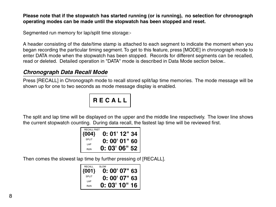 Chronograph data recall mode | Accusplit AE790M User Manual | Page 10 / 21