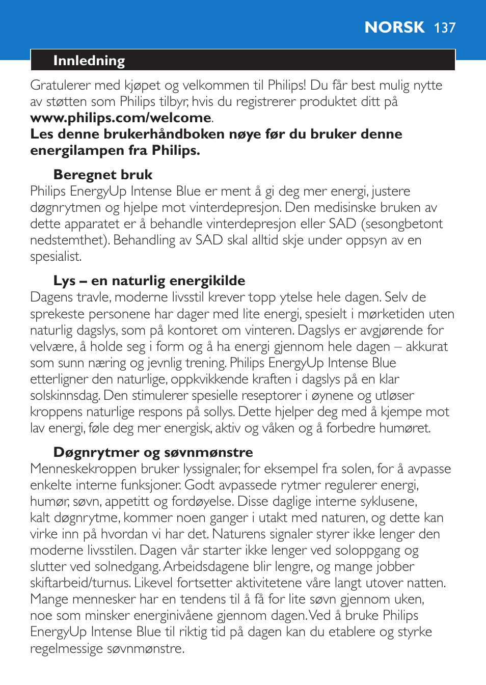 Norsk | Philips EnergyUp Lampe Energylight User Manual | Page 137 / 176