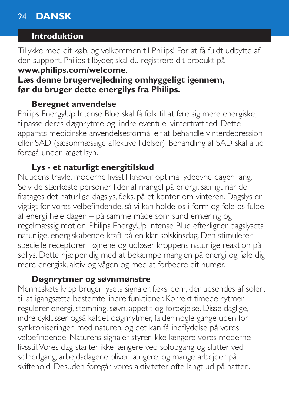 Dansk | Philips EnergyUp Lampe Energylight User Manual | Page 24 / 176