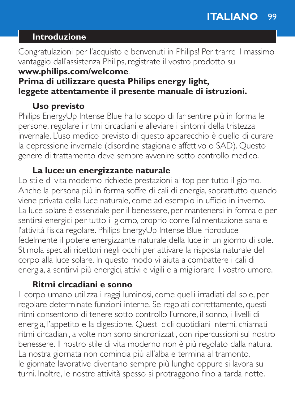 Italiano | Philips EnergyUp Lampe Energylight User Manual | Page 99 / 176