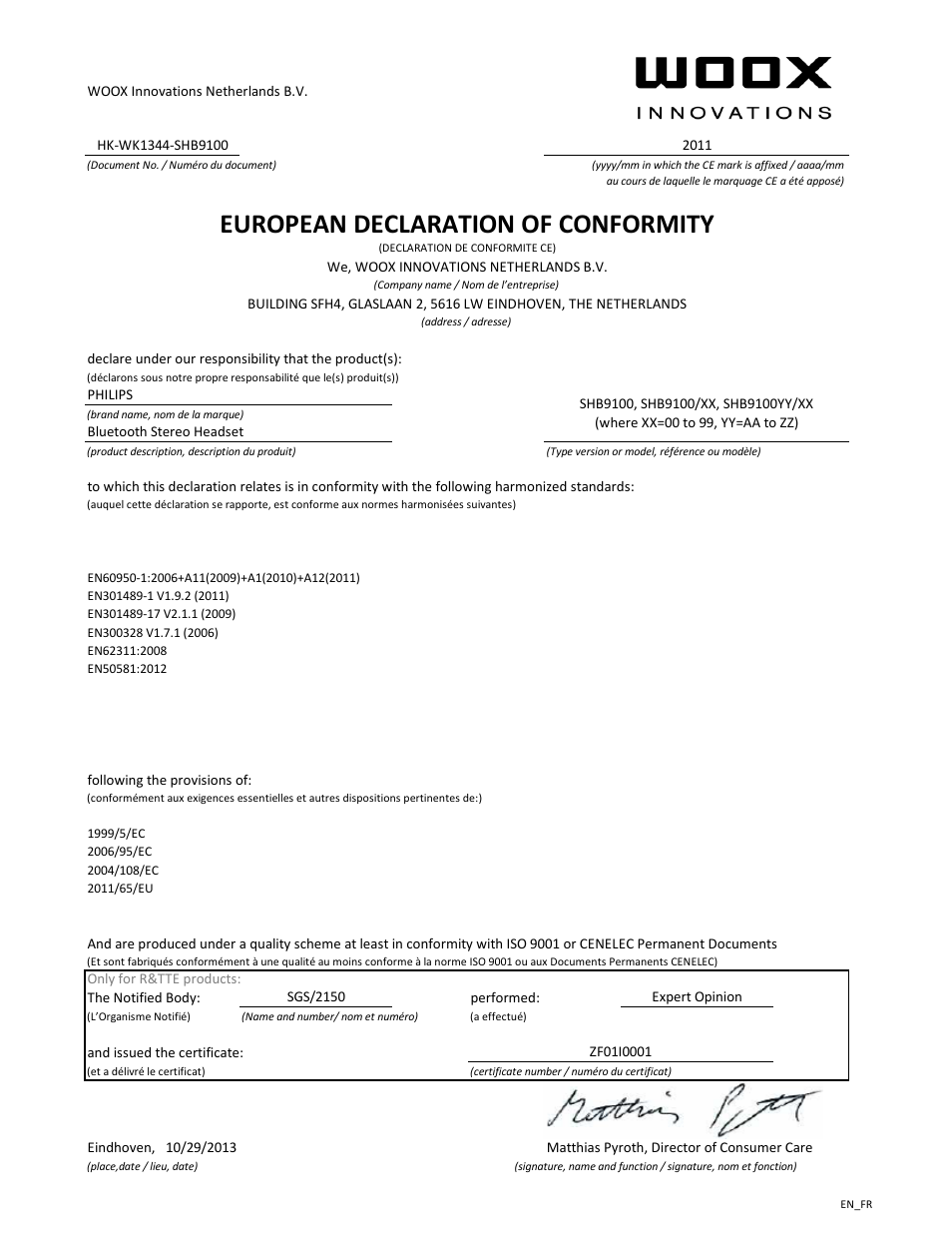 European declaration of conformity | Philips Casque stéréo Bluetooth User Manual | Page 2 / 21