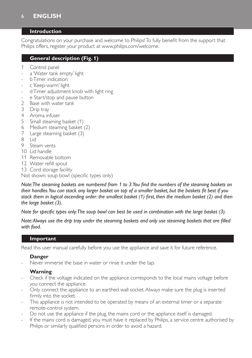 English | Philips Avance Collection Cuiseur Vapeur User Manual | Page 6 / 96