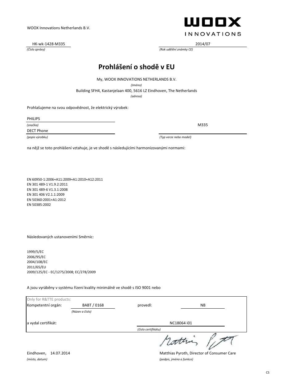 Prohlášení o shodě v eu | Philips Téléphone fixe sans fil Design Linea User Manual | Page 15 / 21