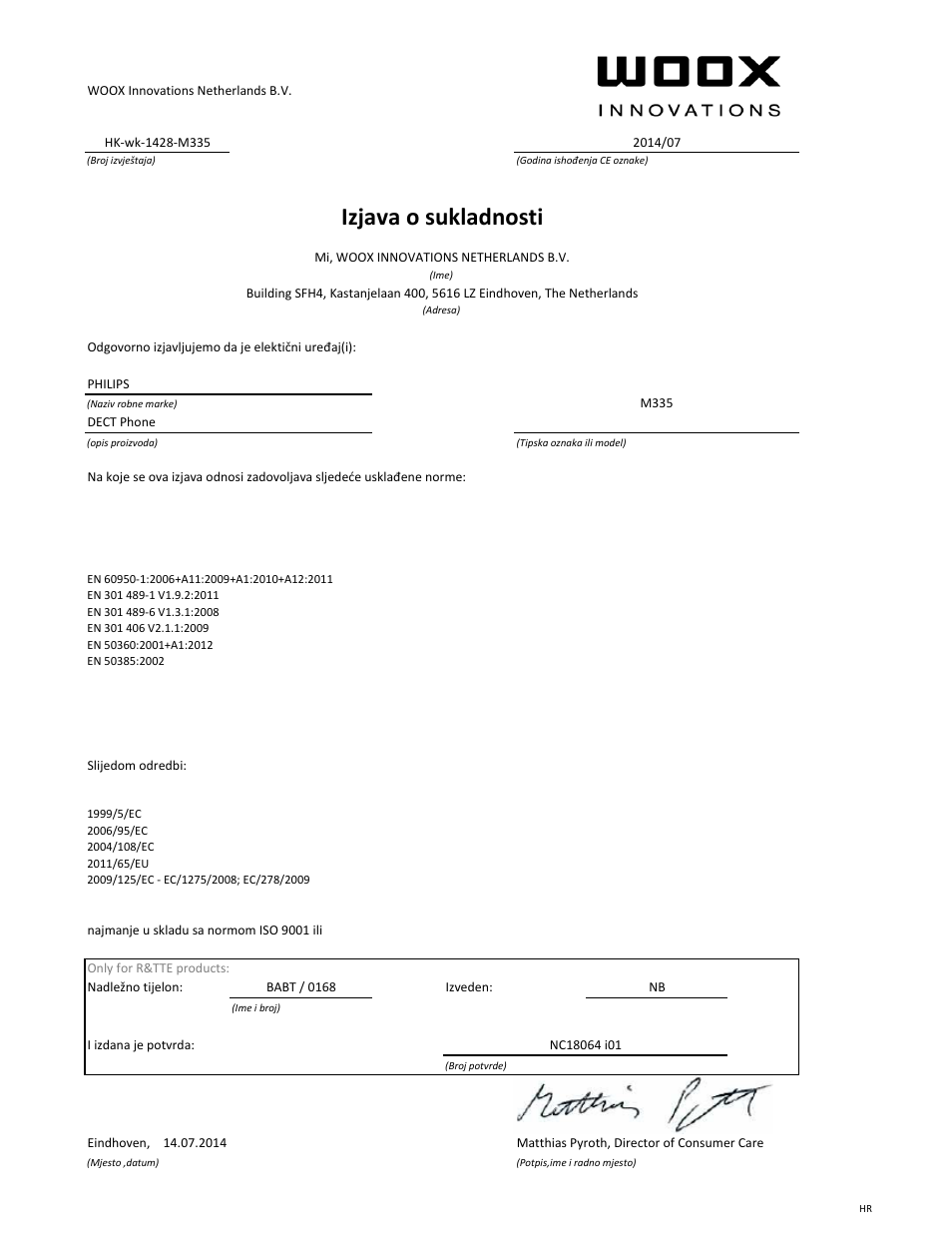 Izjava o sukladnosti | Philips Téléphone fixe sans fil Design Linea User Manual | Page 16 / 21