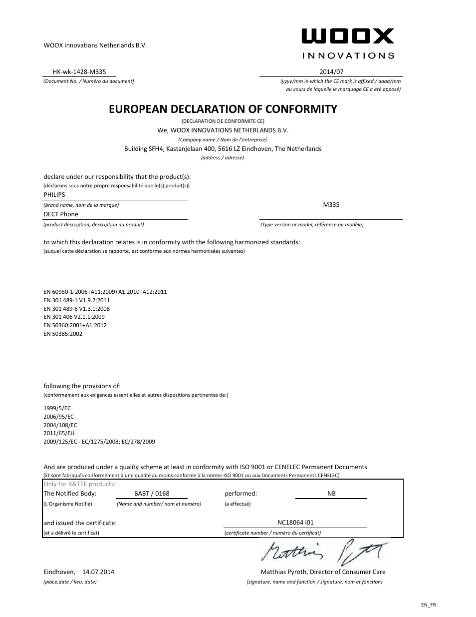 European declaration of conformity | Philips Téléphone fixe sans fil Design Linea User Manual | Page 2 / 21