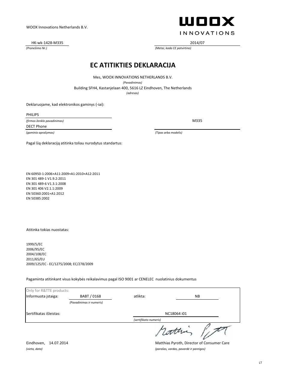 Ec atitikties deklaracija | Philips Téléphone fixe sans fil Design Linea User Manual | Page 20 / 21