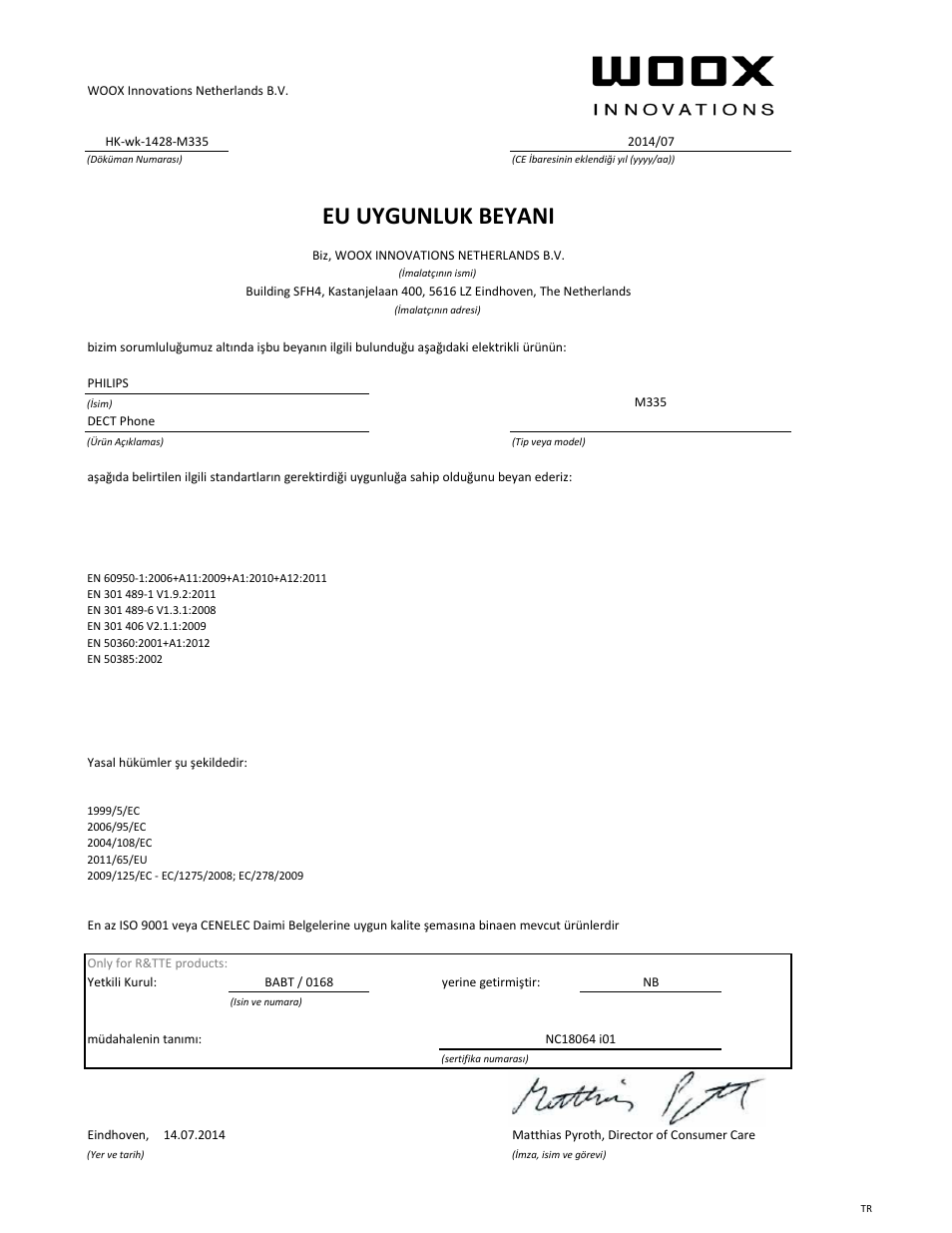 Eu uygunluk beyani | Philips Téléphone fixe sans fil Design Linea User Manual | Page 21 / 21