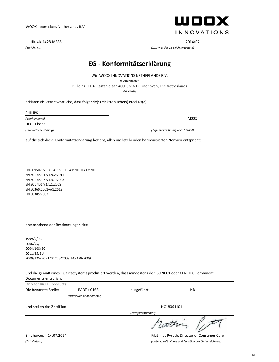 Eg - konformitätserklärung | Philips Téléphone fixe sans fil Design Linea User Manual | Page 3 / 21