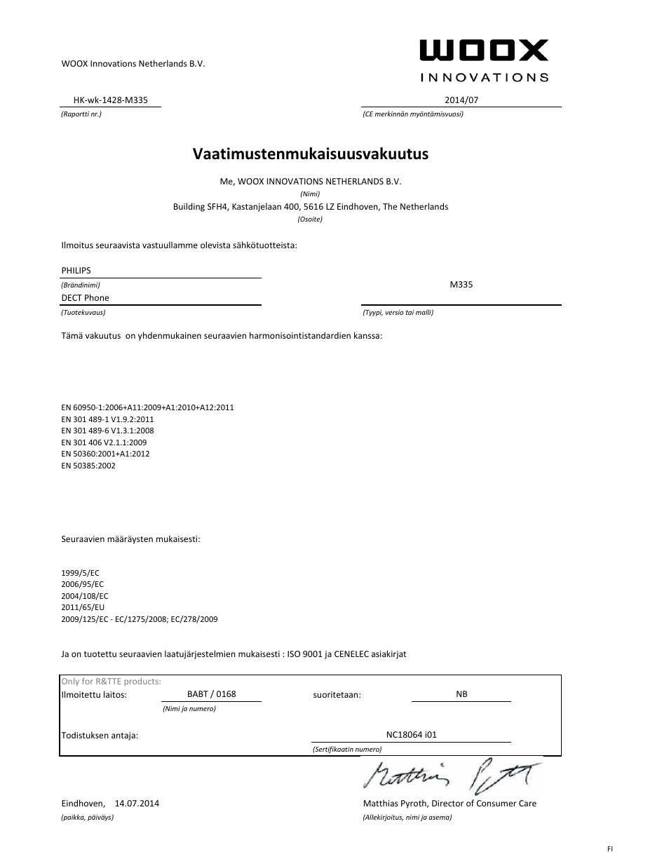Vaatimustenmukaisuusvakuutus | Philips Téléphone fixe sans fil Design Linea User Manual | Page 6 / 21