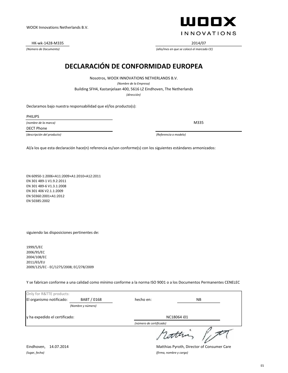 Declaración de conformidad europea | Philips Téléphone fixe sans fil Design Linea User Manual | Page 7 / 21