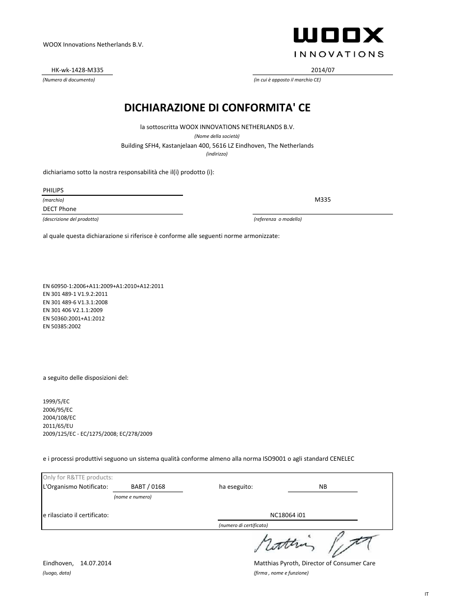 Dichiarazione di conformita' ce | Philips Téléphone fixe sans fil Design Linea User Manual | Page 9 / 21