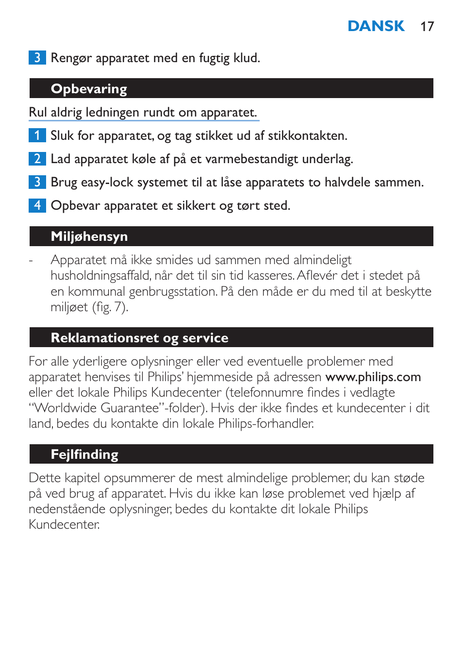 Opbevaring, Miljøhensyn, Reklamationsret og service | Fejlfinding | Philips SalonStraight DUO Lisseur User Manual | Page 17 / 96