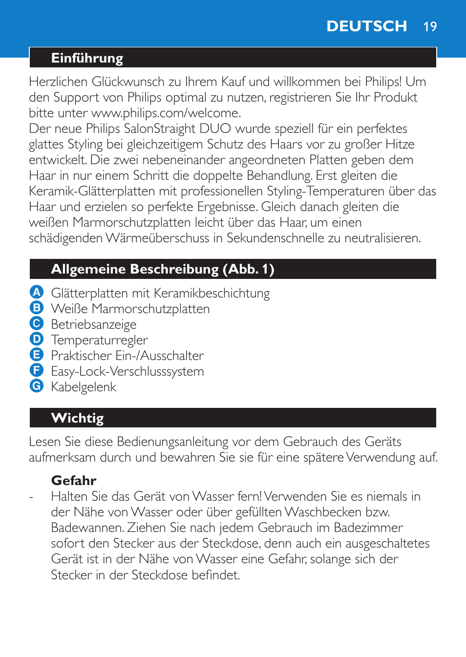 Gefahr, Deutsch, Einführung | Allgemeine beschreibung (abb. 1), Wichtig | Philips SalonStraight DUO Lisseur User Manual | Page 19 / 96