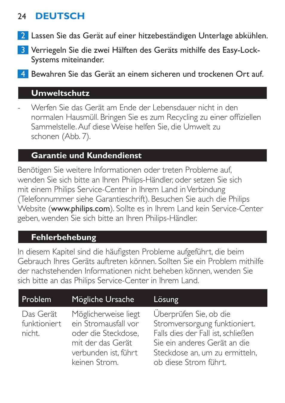 Umweltschutz, Garantie und kundendienst, Fehlerbehebung | Philips SalonStraight DUO Lisseur User Manual | Page 24 / 96