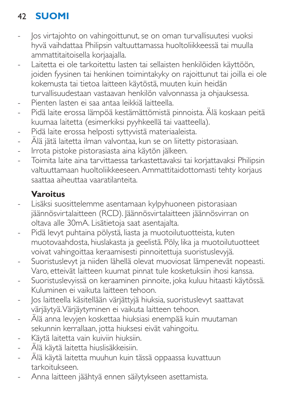 Varoitus | Philips SalonStraight DUO Lisseur User Manual | Page 42 / 96