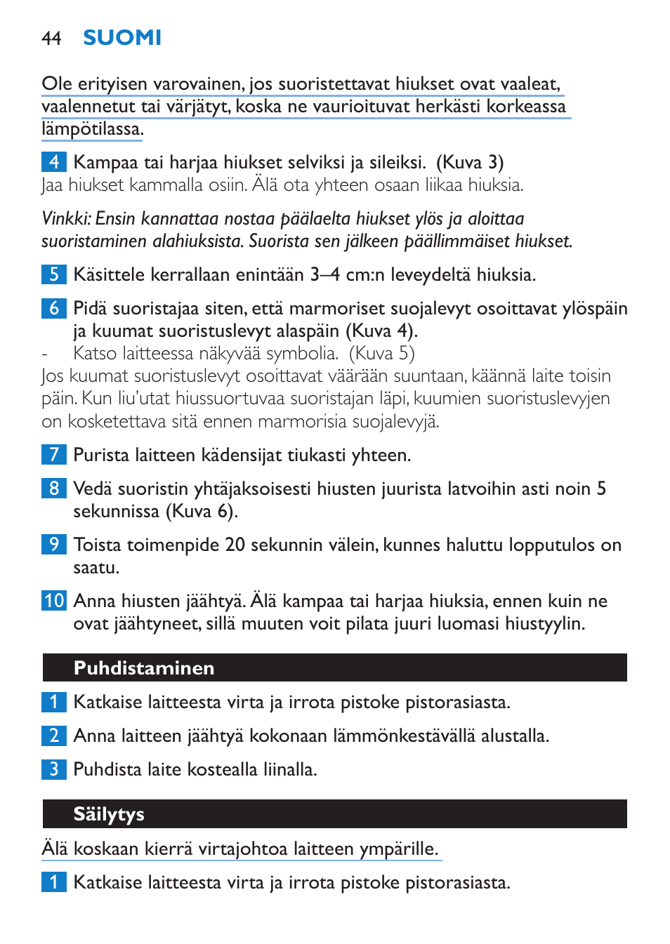 Puhdistaminen, Säilytys | Philips SalonStraight DUO Lisseur User Manual | Page 44 / 96