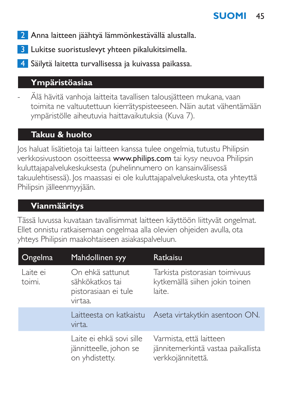 Ympäristöasiaa, Takuu & huolto, Vianmääritys | Philips SalonStraight DUO Lisseur User Manual | Page 45 / 96