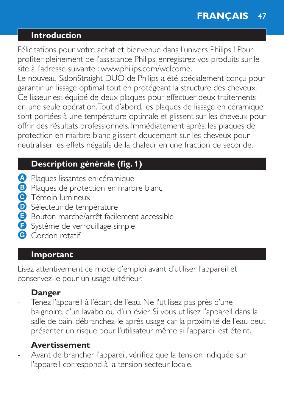 Danger, Avertissement, Français | Introduction, Description générale (fig. 1), Important | Philips SalonStraight DUO Lisseur User Manual | Page 47 / 96