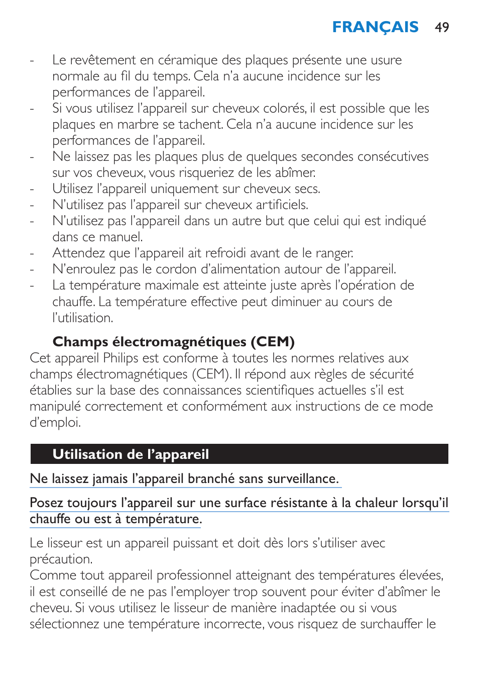 Champs électromagnétiques (cem), Utilisation de l’appareil | Philips SalonStraight DUO Lisseur User Manual | Page 49 / 96