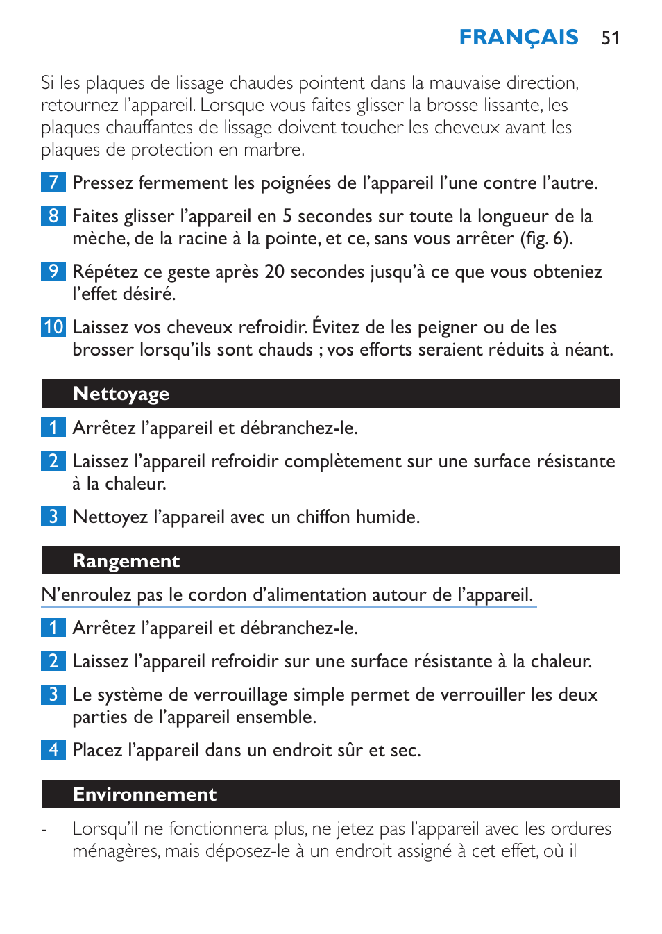 Nettoyage, Rangement, Environnement | Philips SalonStraight DUO Lisseur User Manual | Page 51 / 96