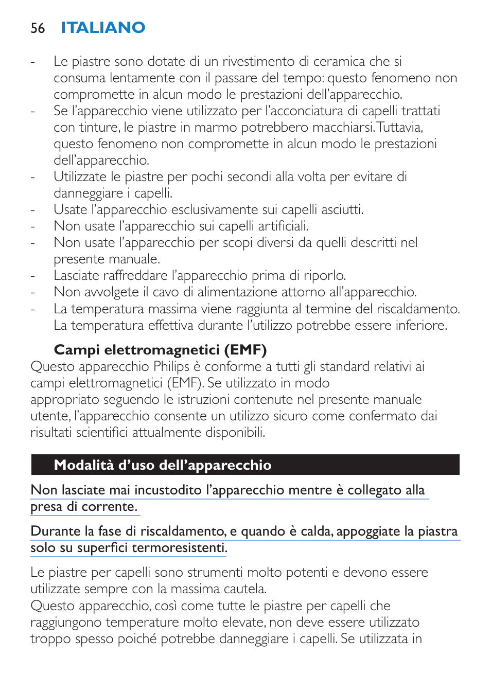 Campi elettromagnetici (emf), Modalità d’uso dell’apparecchio | Philips SalonStraight DUO Lisseur User Manual | Page 56 / 96