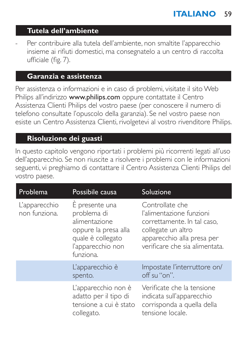 Tutela dell’ambiente, Garanzia e assistenza, Risoluzione dei guasti | Philips SalonStraight DUO Lisseur User Manual | Page 59 / 96